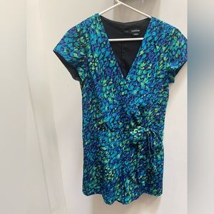 Dark Blue Jumpsuit With Blue, Cyan, and Green Patterns (Short Sleeved)